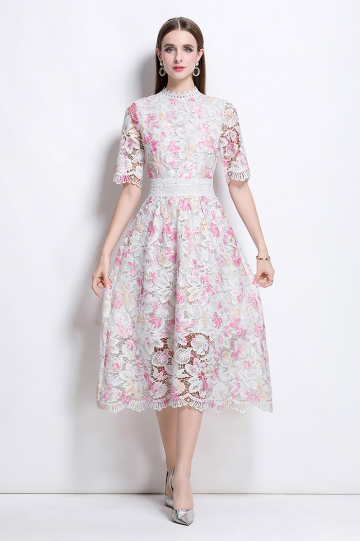 Pink Floral Lace Hollow A-line Dress