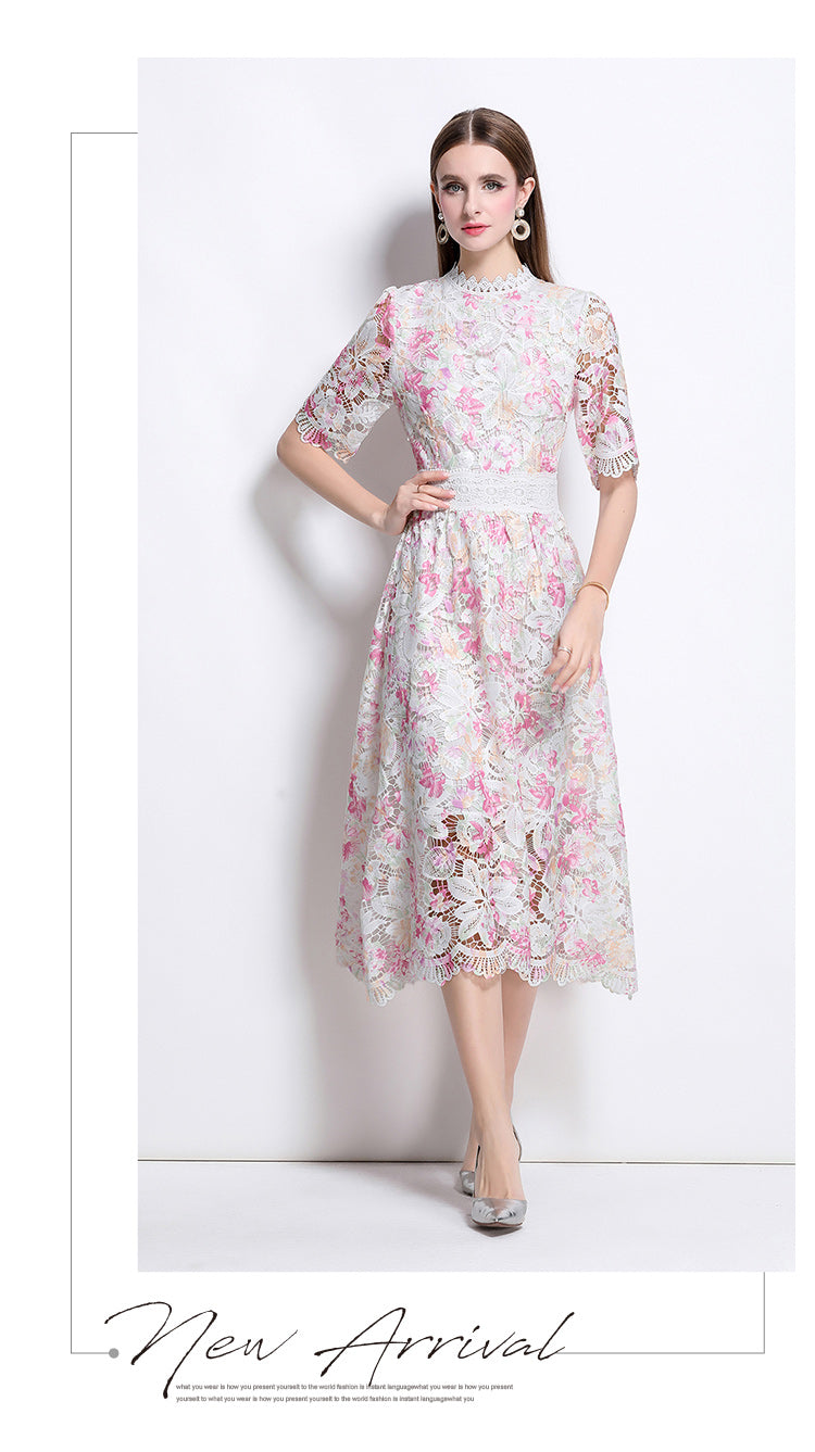 Pink Floral Lace Hollow A-line Dress