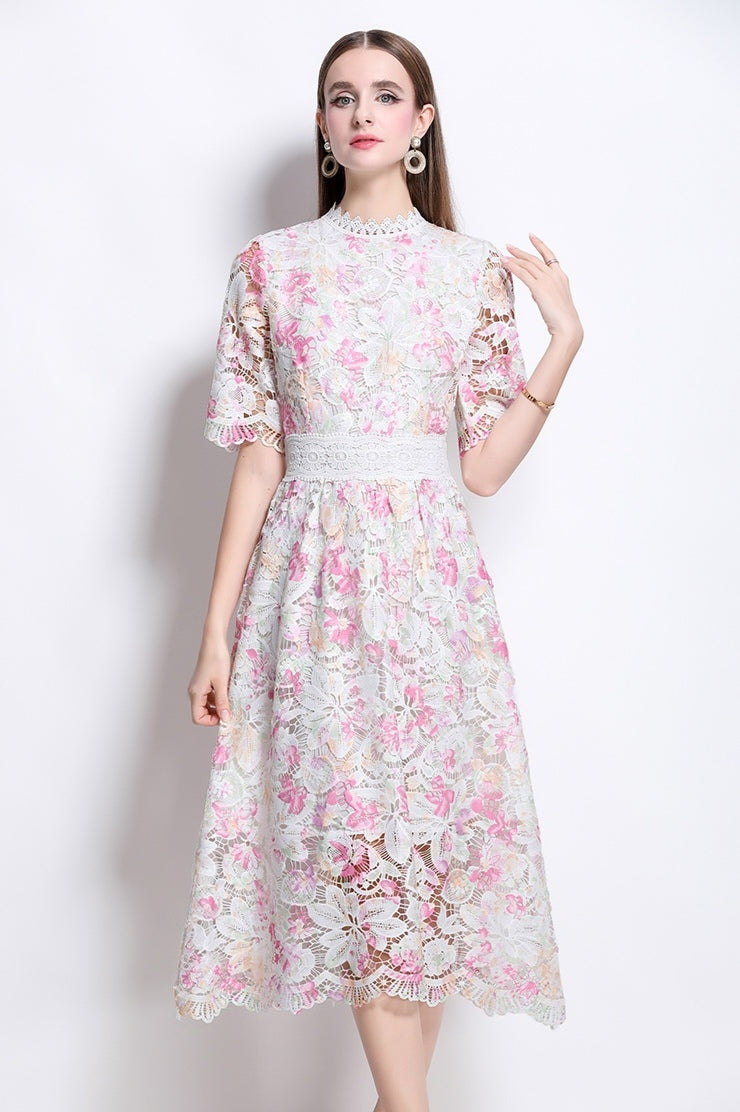 Pink Floral Lace Hollow A-line Dress
