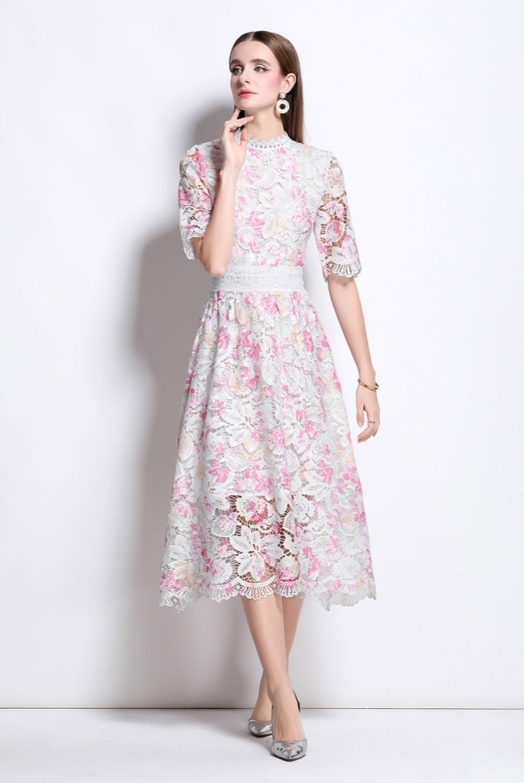 Pink Floral Lace Hollow A-line Dress