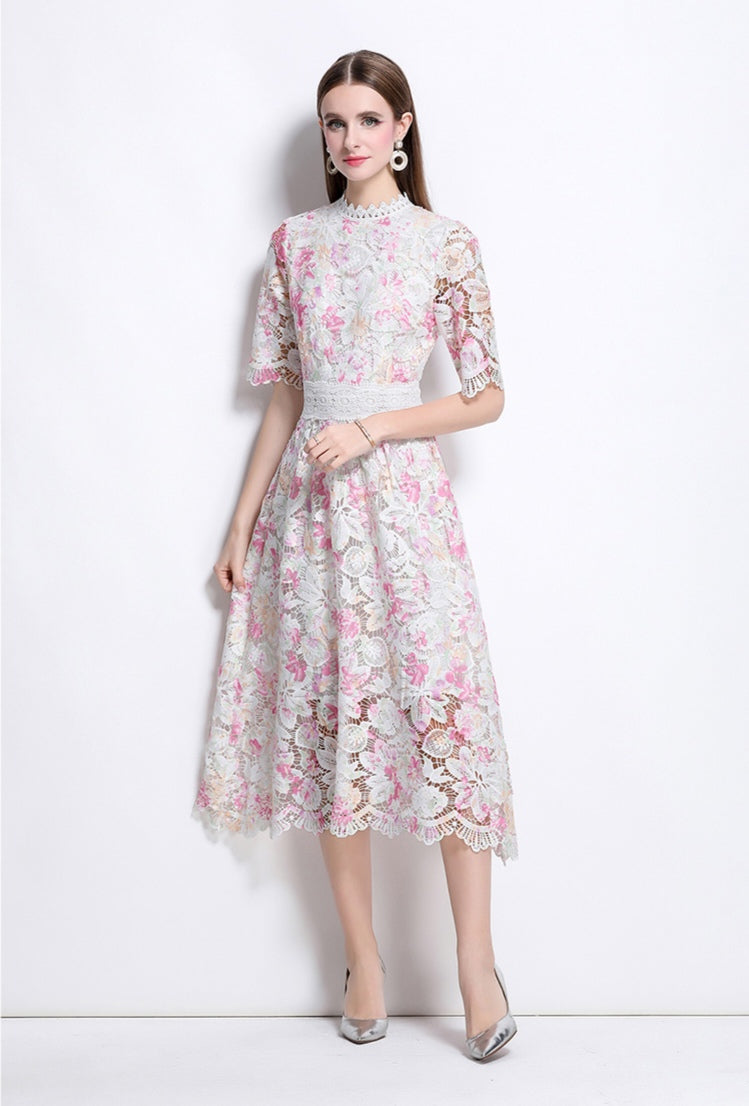 Pink Floral Lace Hollow A-line Dress