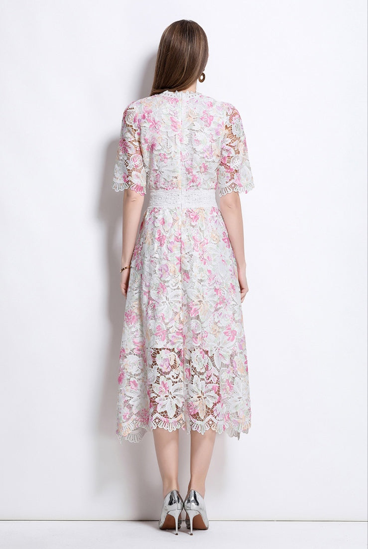 Pink Floral Lace Hollow A-line Dress