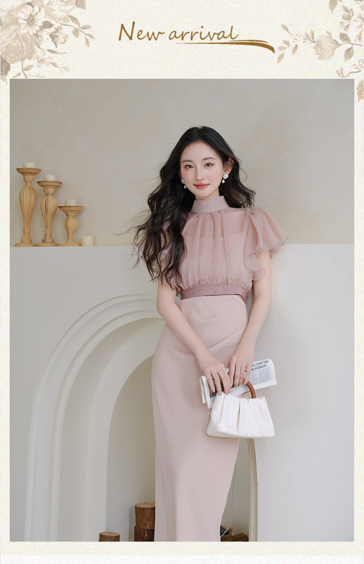 Chiffon Ruffle Sleeve High Neck Dress