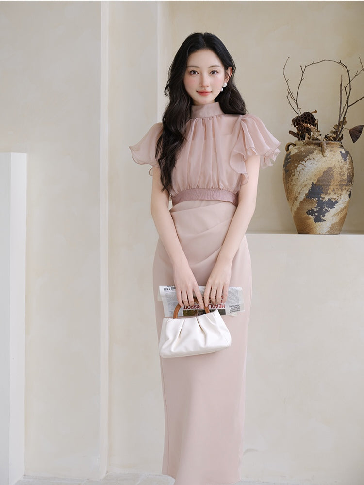 Chiffon Ruffle Sleeve High Neck Dress