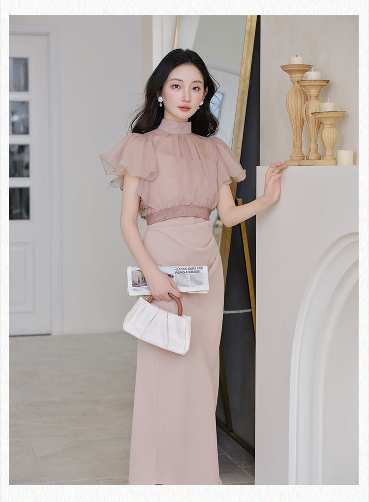 Chiffon Ruffle Sleeve High Neck Dress