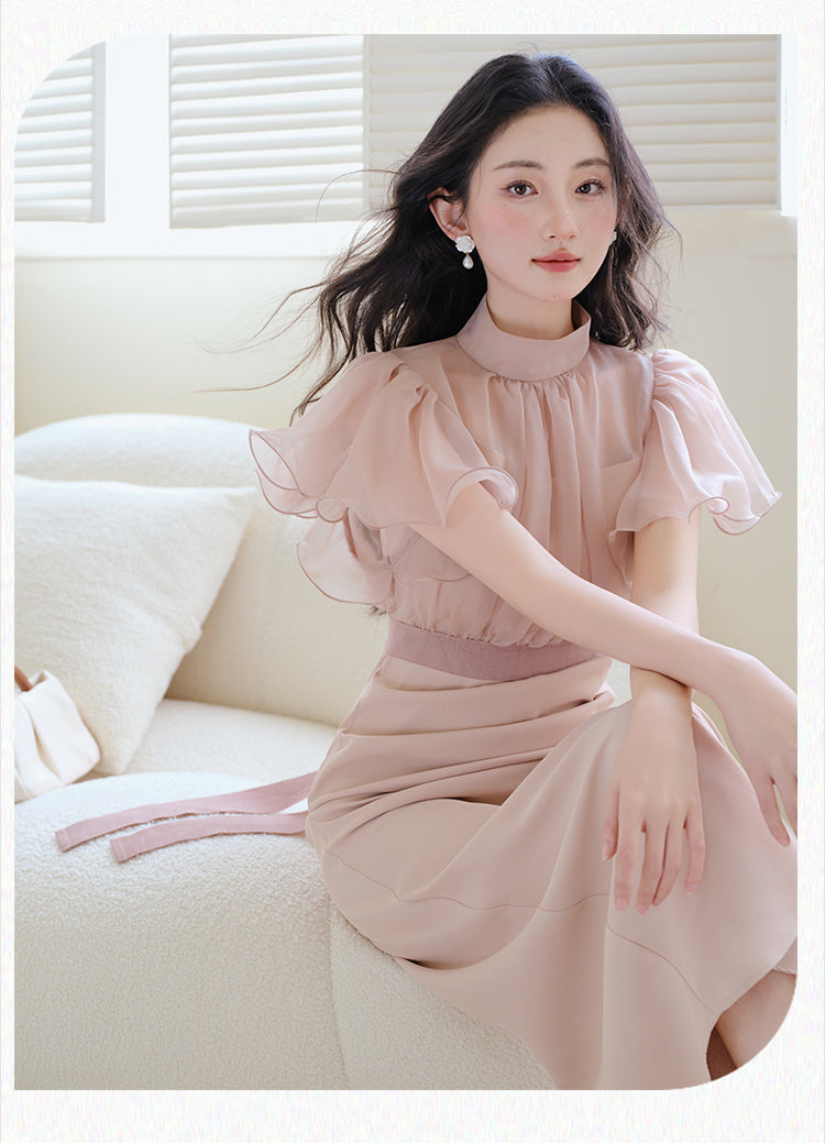 Chiffon Ruffle Sleeve High Neck Dress