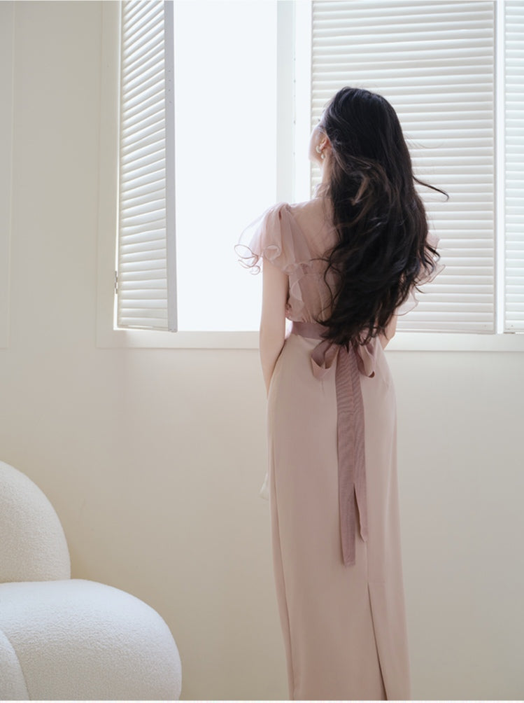 Chiffon Ruffle Sleeve High Neck Dress