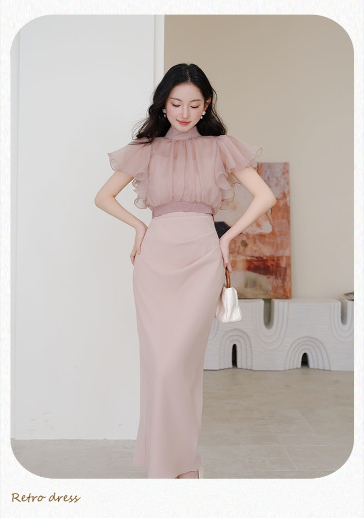 Chiffon Ruffle Sleeve High Neck Dress