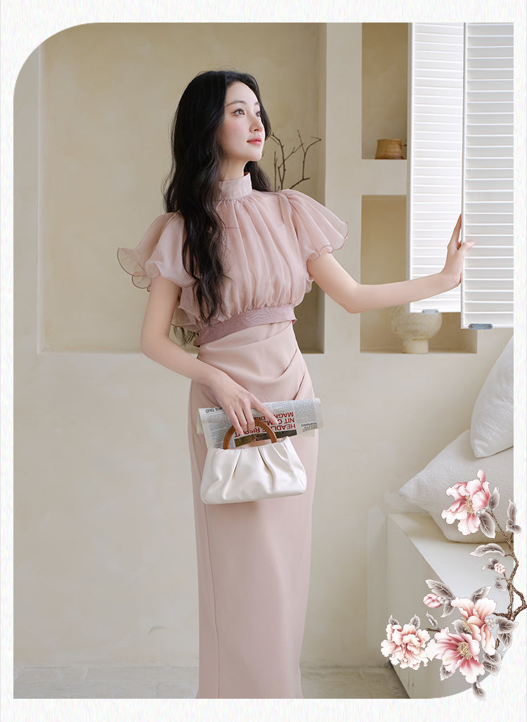 Chiffon Ruffle Sleeve High Neck Dress