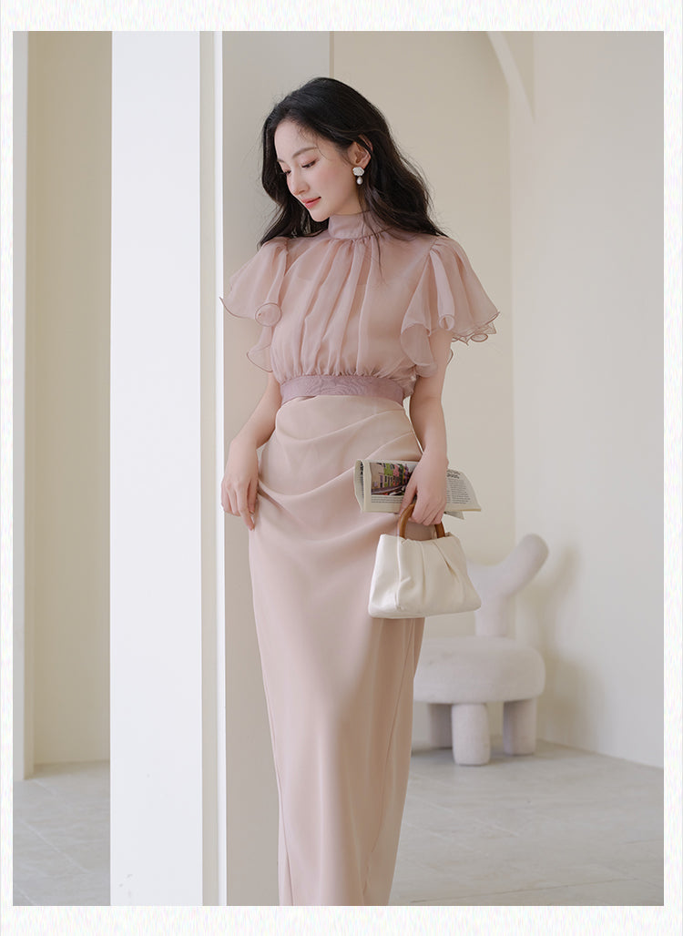 Chiffon Ruffle Sleeve High Neck Dress