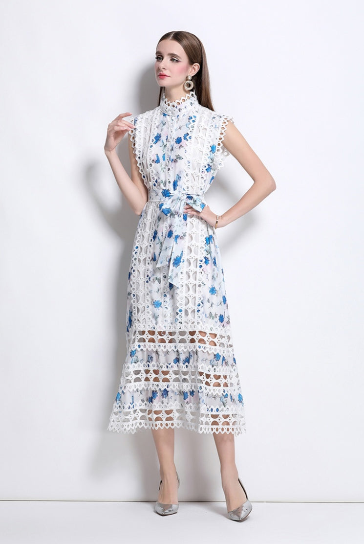 Blue Floral Hollow Lace Mid-length Dress