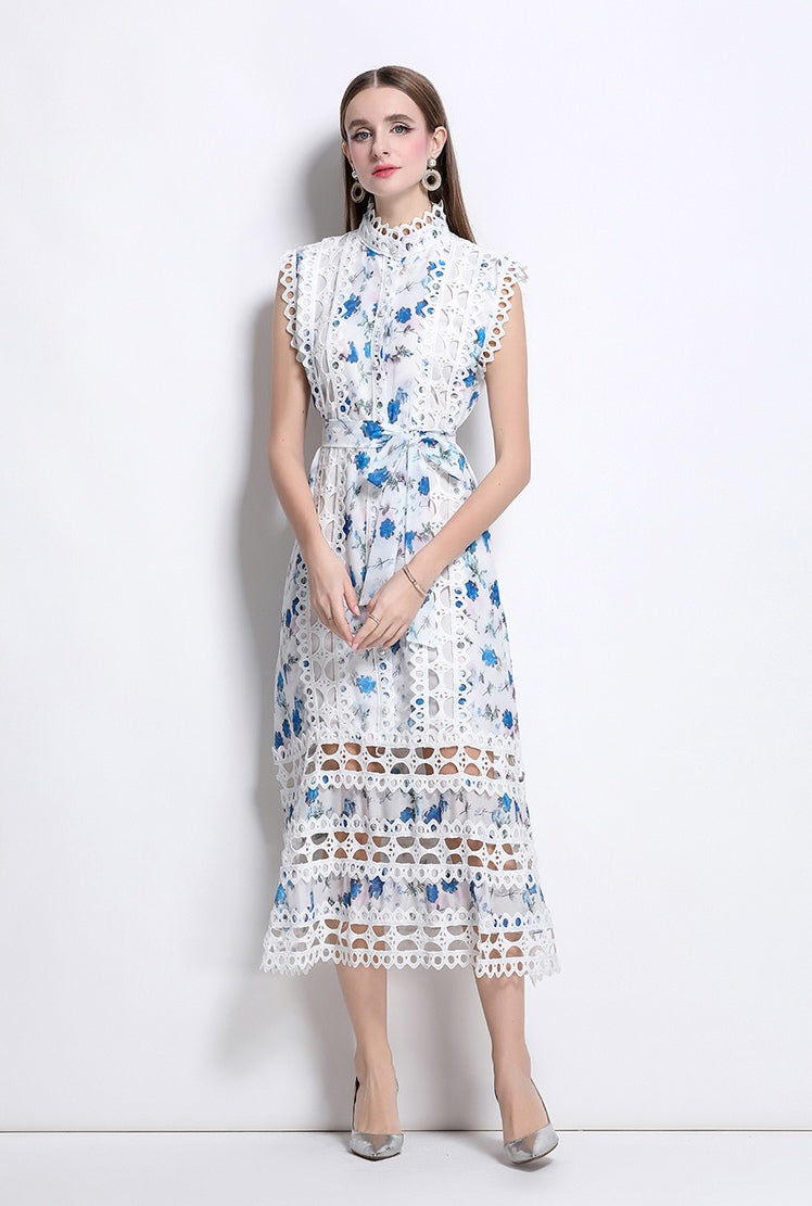 Blue Floral Hollow Lace Mid-length Dress