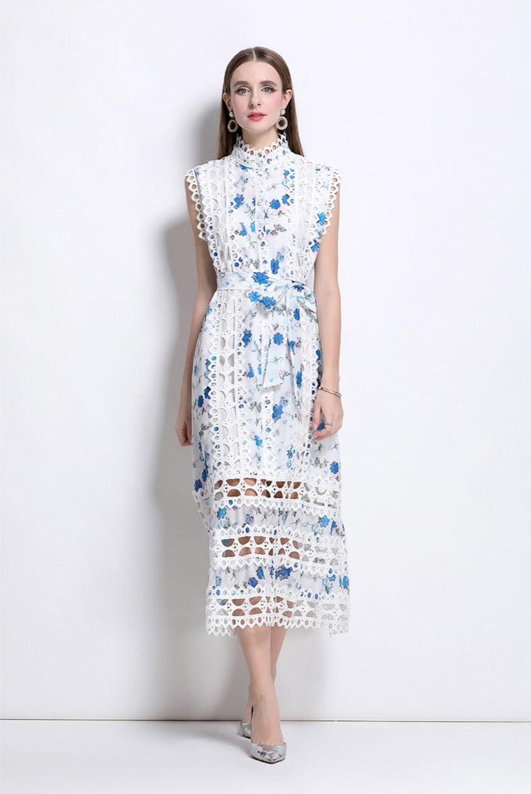 Blue Floral Hollow Lace Mid-length Dress
