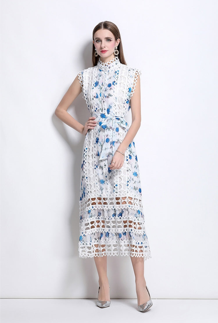 Blue Floral Hollow Lace Mid-length Dress