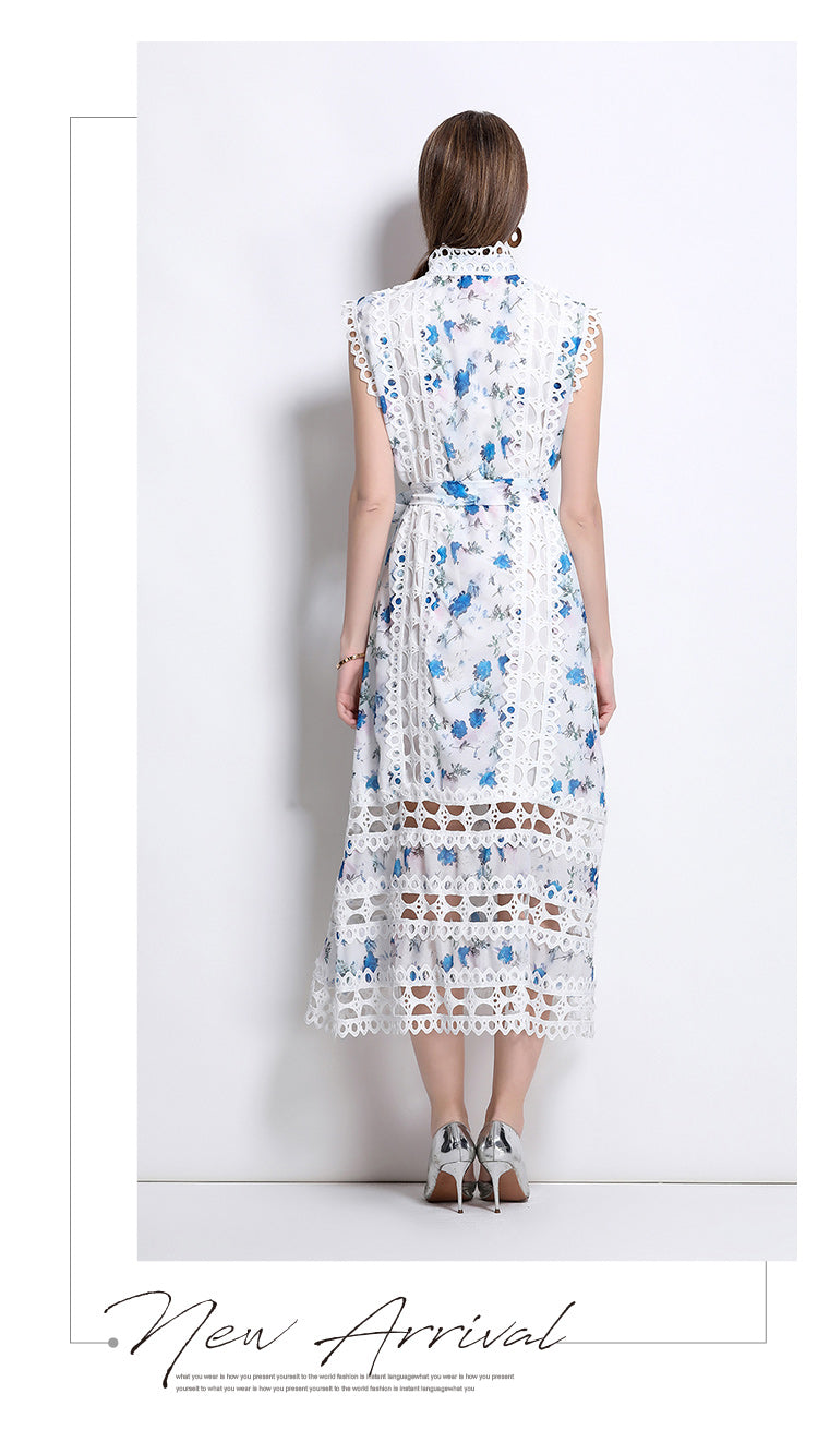 Blue Floral Hollow Lace Mid-length Dress
