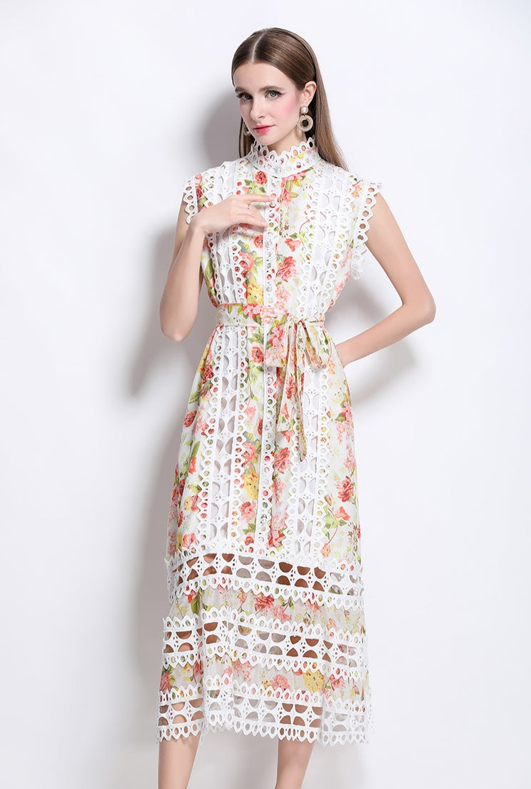 Orange Floral Hollow Lace Mid-length Dress