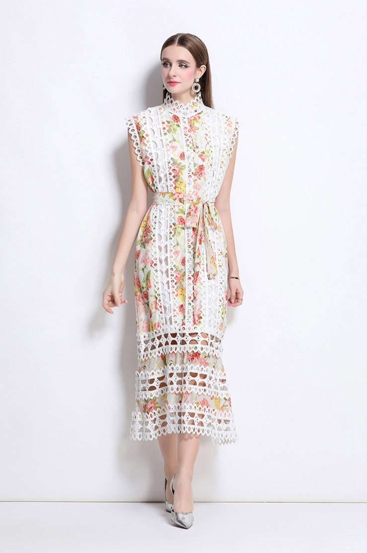 Orange Floral Hollow Lace Mid-length Dress