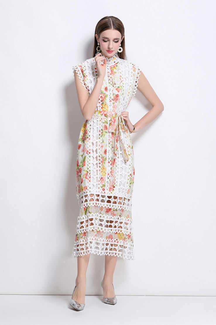 Orange Floral Hollow Lace Mid-length Dress