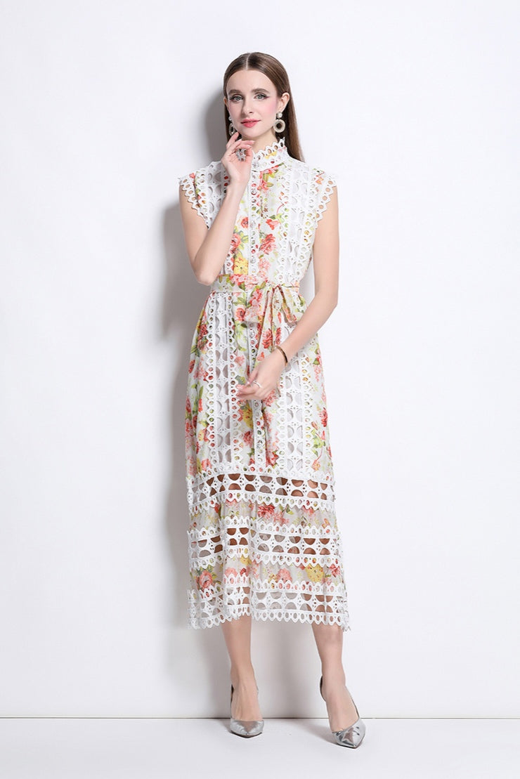 Orange Floral Hollow Lace Mid-length Dress