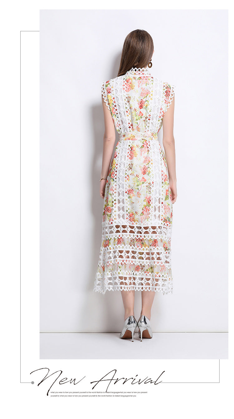 Orange Floral Hollow Lace Mid-length Dress