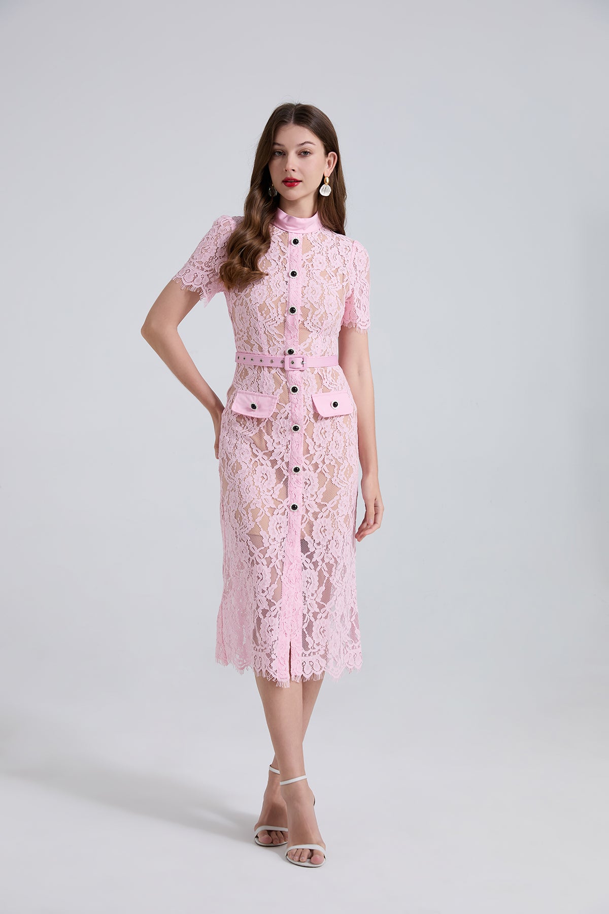 Round Neck Lace Splicing Short-sleeved Dress