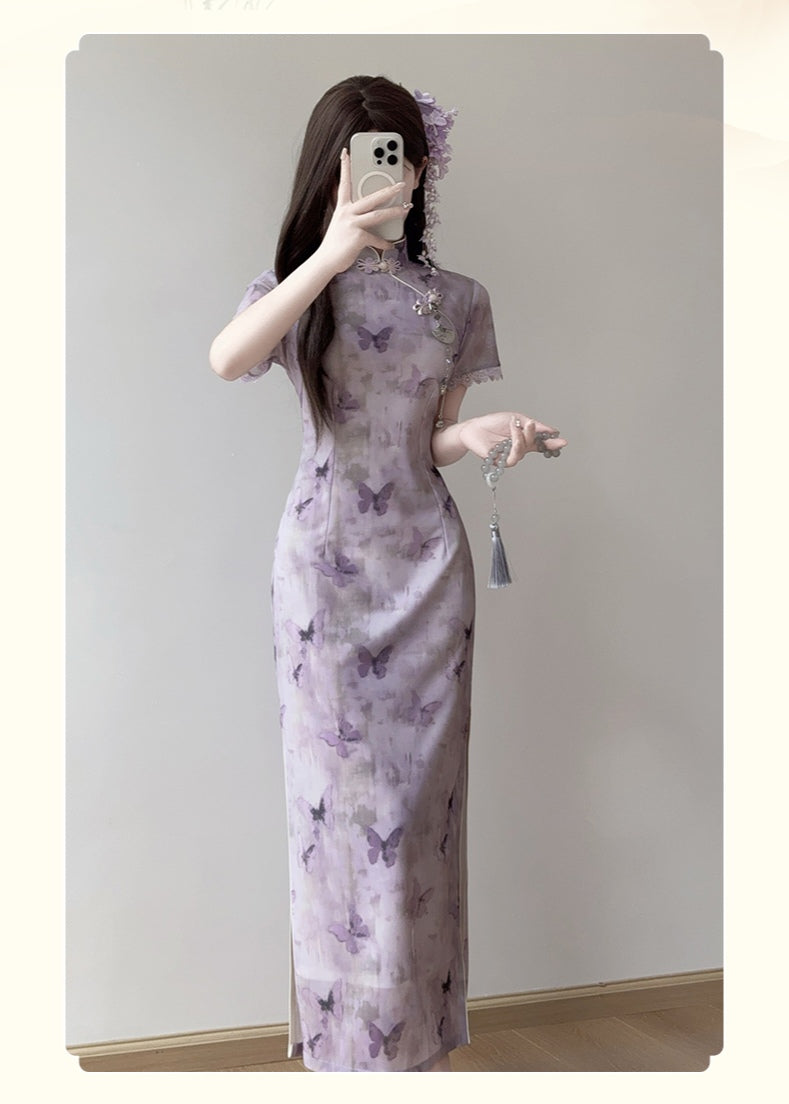 Purple Butterfly Print Cheongsam