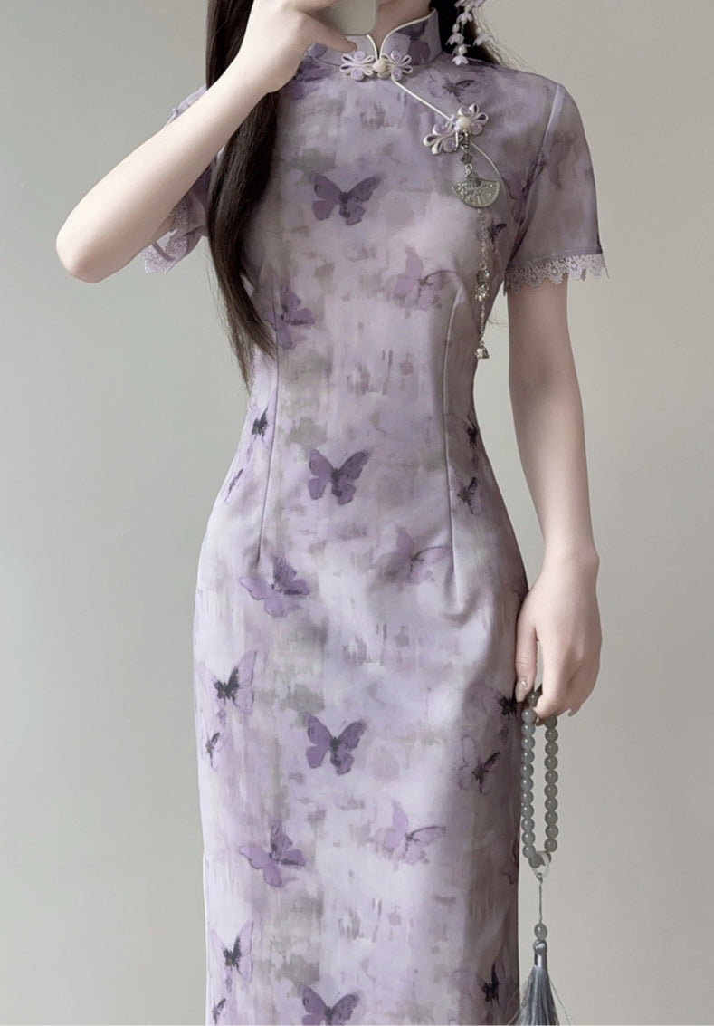 Purple Butterfly Print Cheongsam