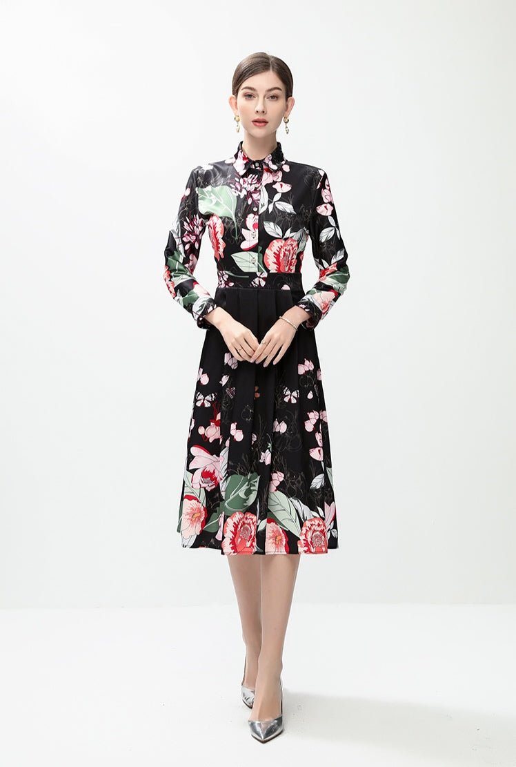 Black Floral Long-sleeved Dress