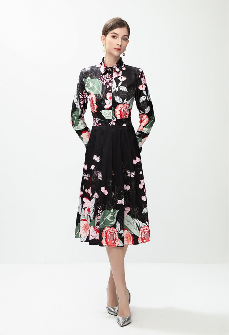 Black Floral Long-sleeved Dress