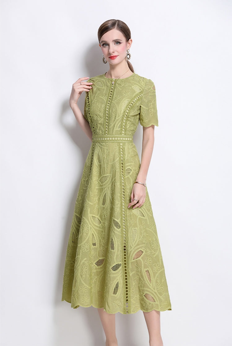 Puff Sleeve Green Hollow Embroidery Mid-length Dress