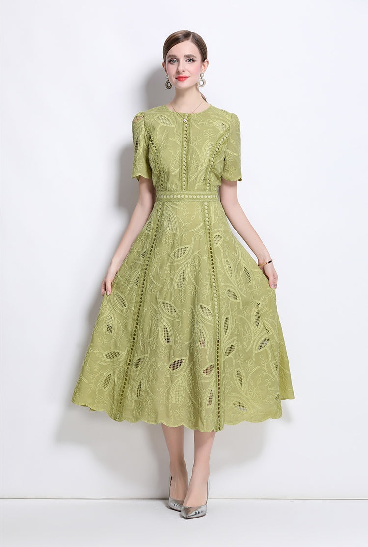 Puff Sleeve Green Hollow Embroidery Mid-length Dress