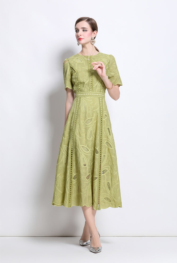 Puff Sleeve Green Hollow Embroidery Mid-length Dress