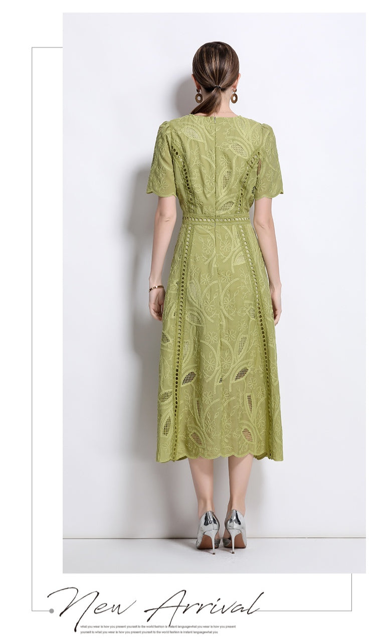 Puff Sleeve Green Hollow Embroidery Mid-length Dress