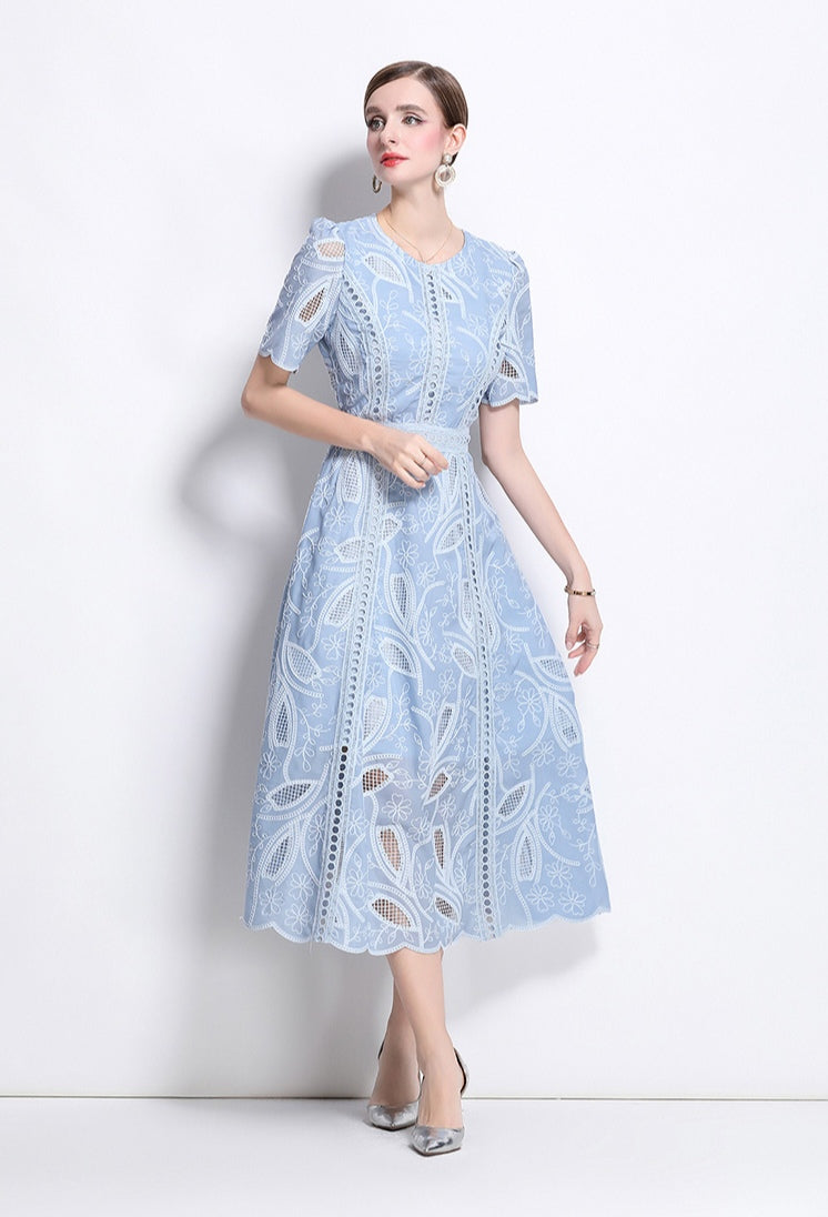 Puff Sleeve Blue Hollow Embroidery Mid-length Dress