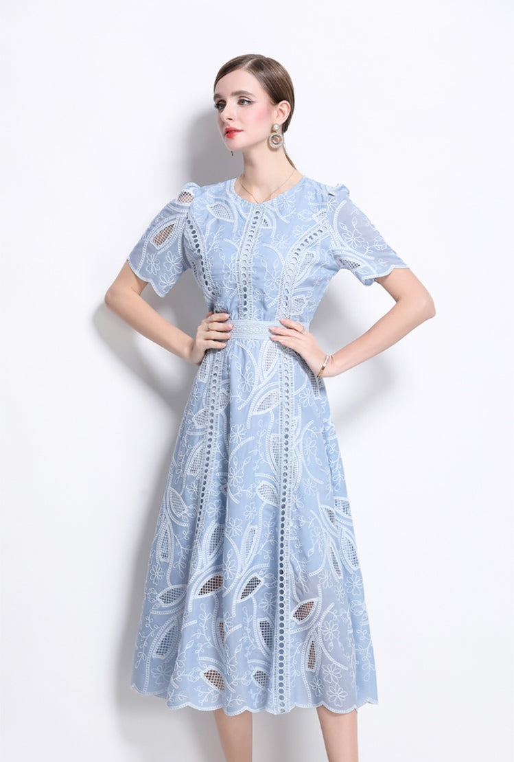 Puff Sleeve Blue Hollow Embroidery Mid-length Dress