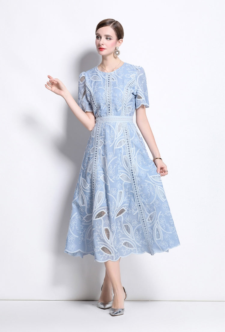 Puff Sleeve Blue Hollow Embroidery Mid-length Dress
