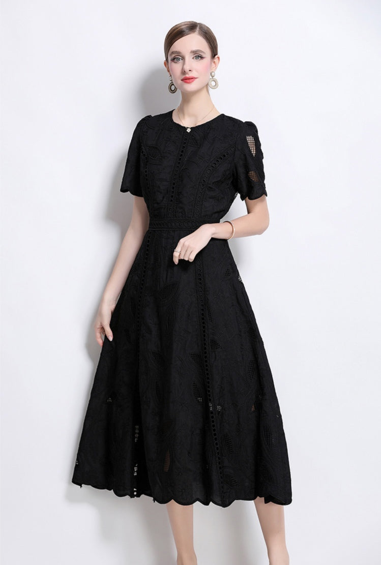 Puff Sleeve Black Hollow Embroidery Mid-length Dress