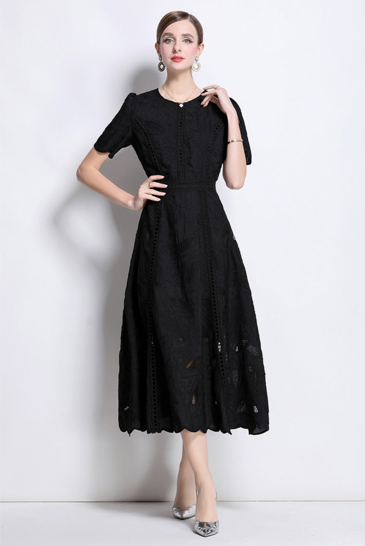 Puff Sleeve Black Hollow Embroidery Mid-length Dress