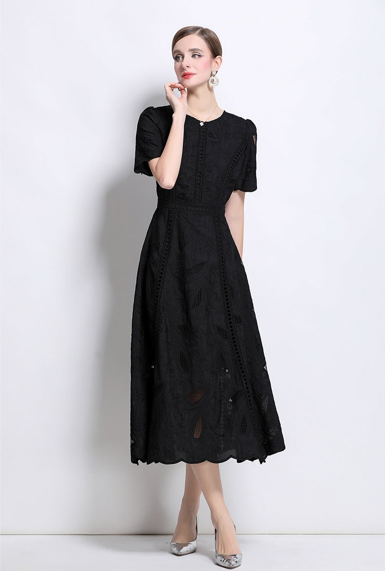 Puff Sleeve Black Hollow Embroidery Mid-length Dress