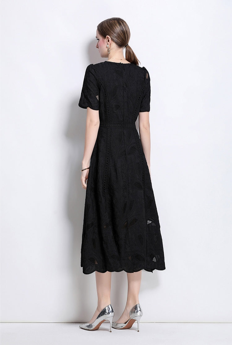 Puff Sleeve Black Hollow Embroidery Mid-length Dress