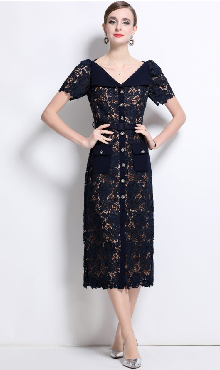 Royal Blue V-neck Fairy Lace Dress
