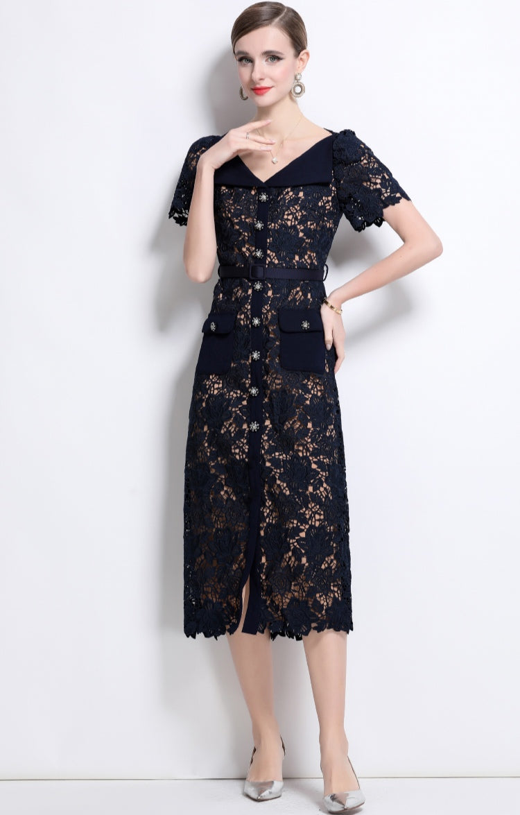 Royal Blue V-neck Fairy Lace Dress