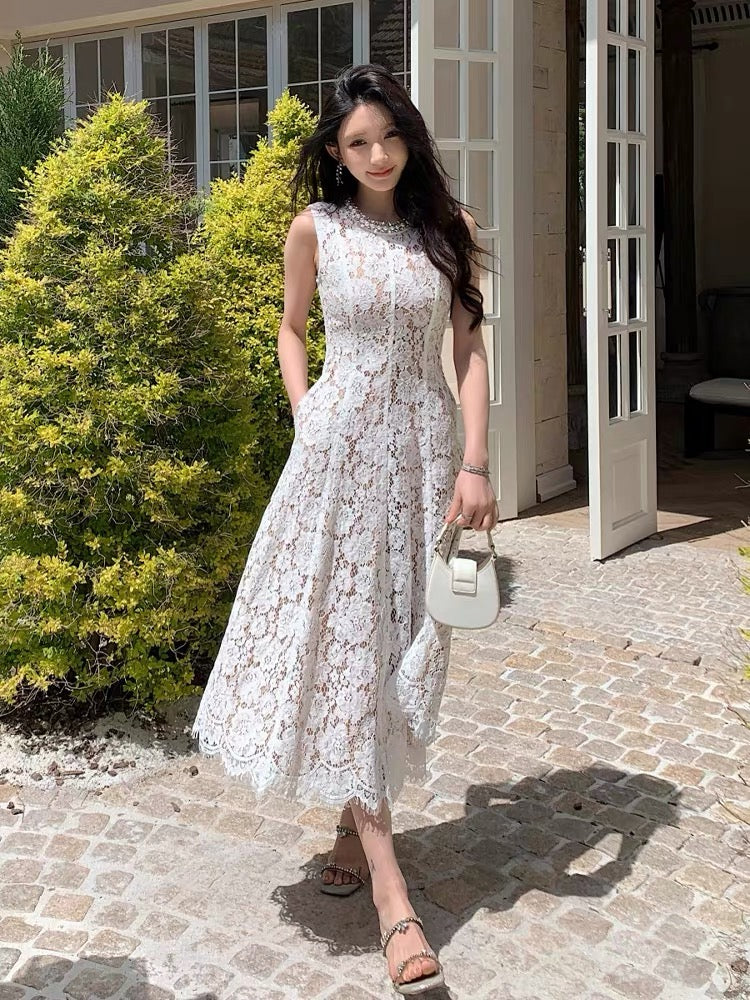 White Lace Sleeveless Dress