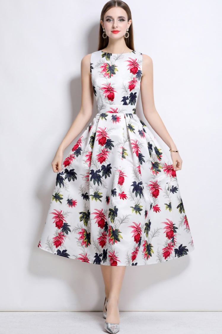 Round Neck Floral Sleeveless Mid-length Dress