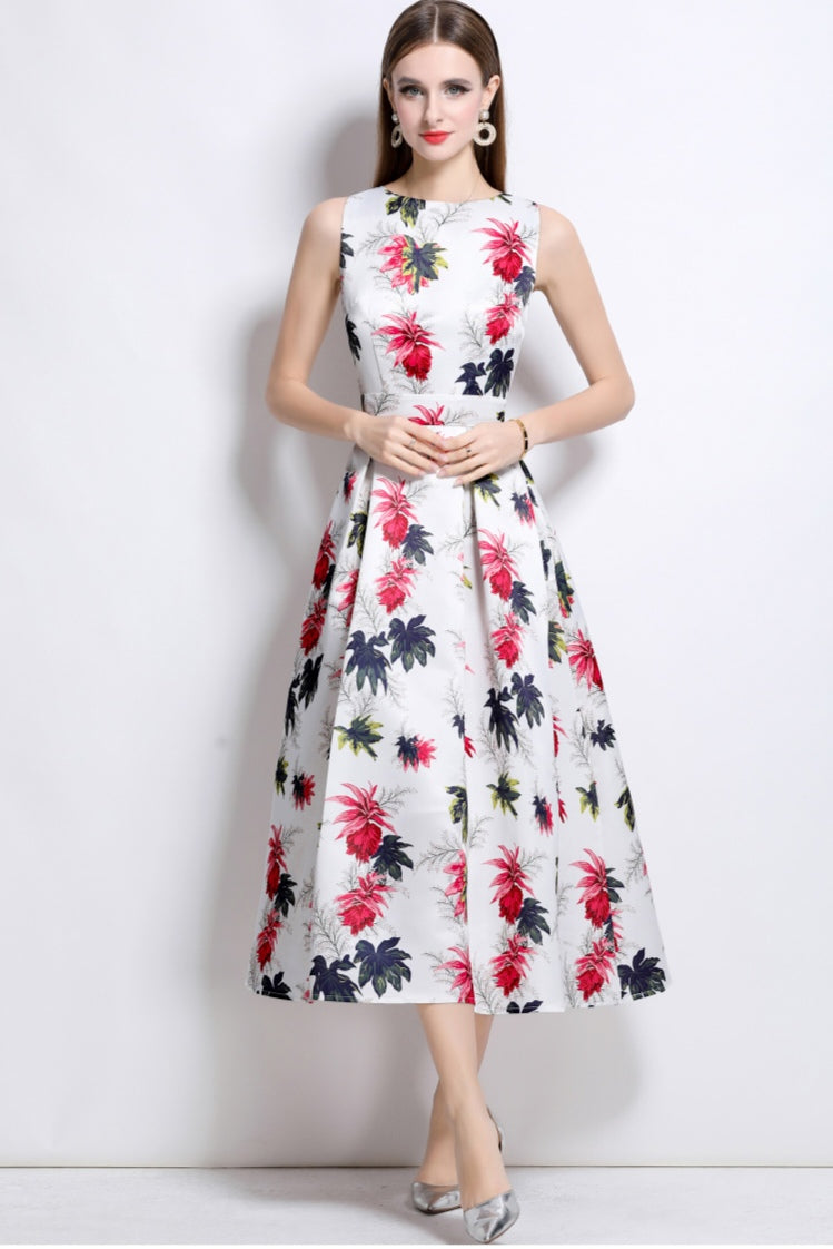 Round Neck Floral Sleeveless Mid-length Dress
