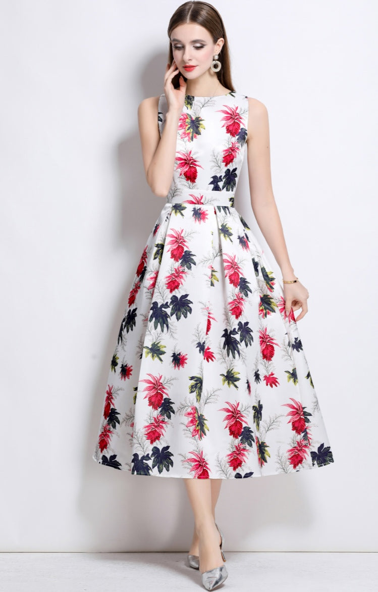 Round Neck Floral Sleeveless Mid-length Dress