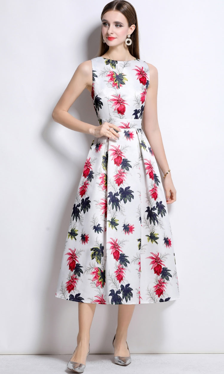 Round Neck Floral Sleeveless Mid-length Dress