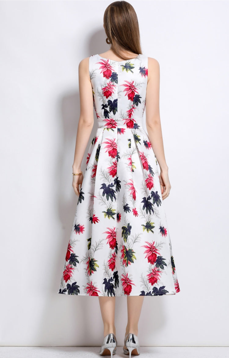 Round Neck Floral Sleeveless Mid-length Dress