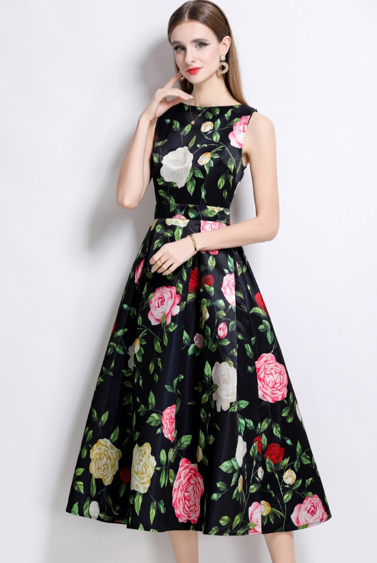 Black Round Neck Floral Sleeveless Mid-length Dress