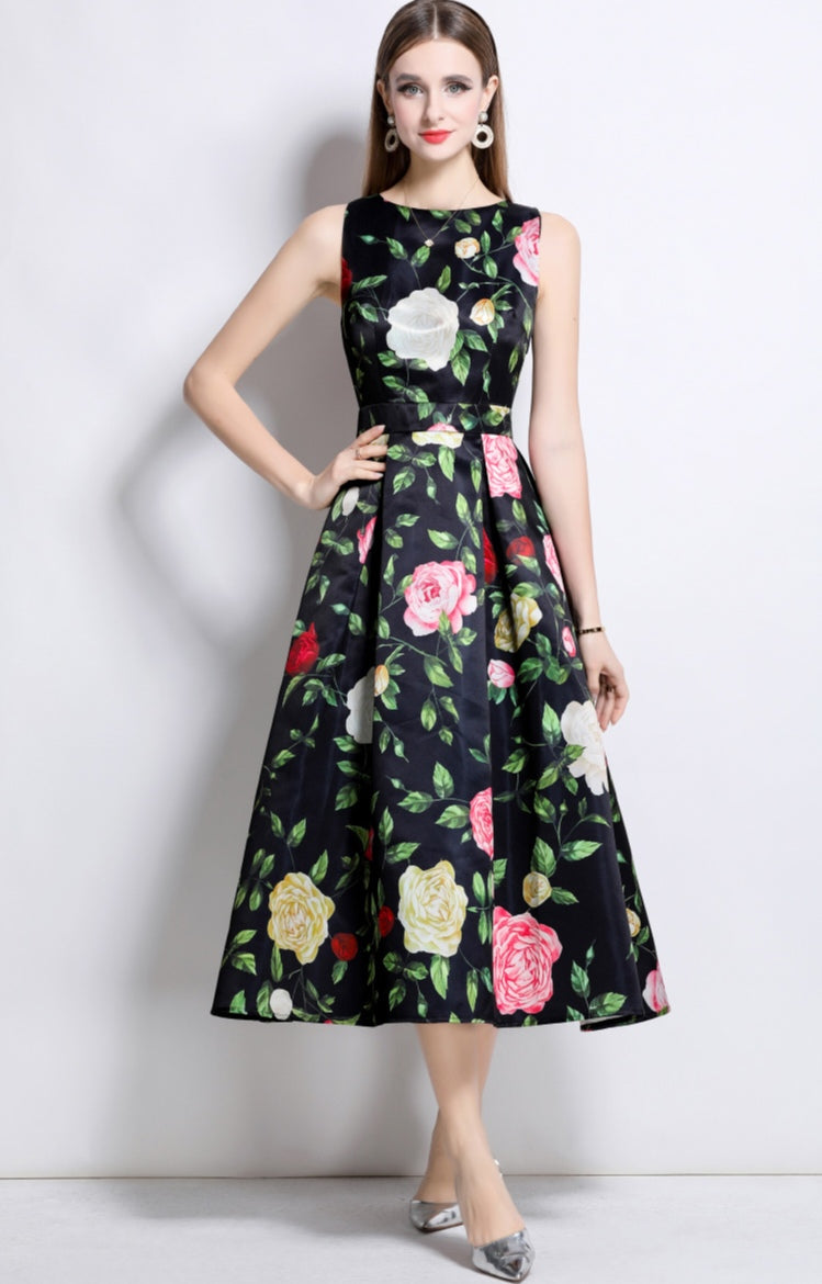 Black Round Neck Floral Sleeveless Mid-length Dress